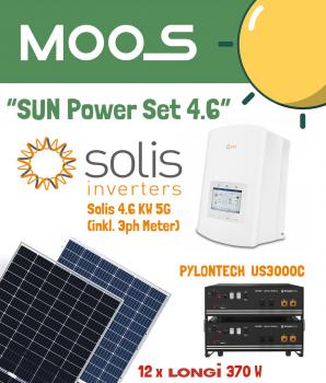" B2B" Mini PV „SUN Power Set 4.6“ inkl. 12 x Modul 370W*, 1 x Solis 4.6 KW 5G (inkl. 3ph Meter), 2 x PYLONTECH US3000C 48V 3,6 kWh